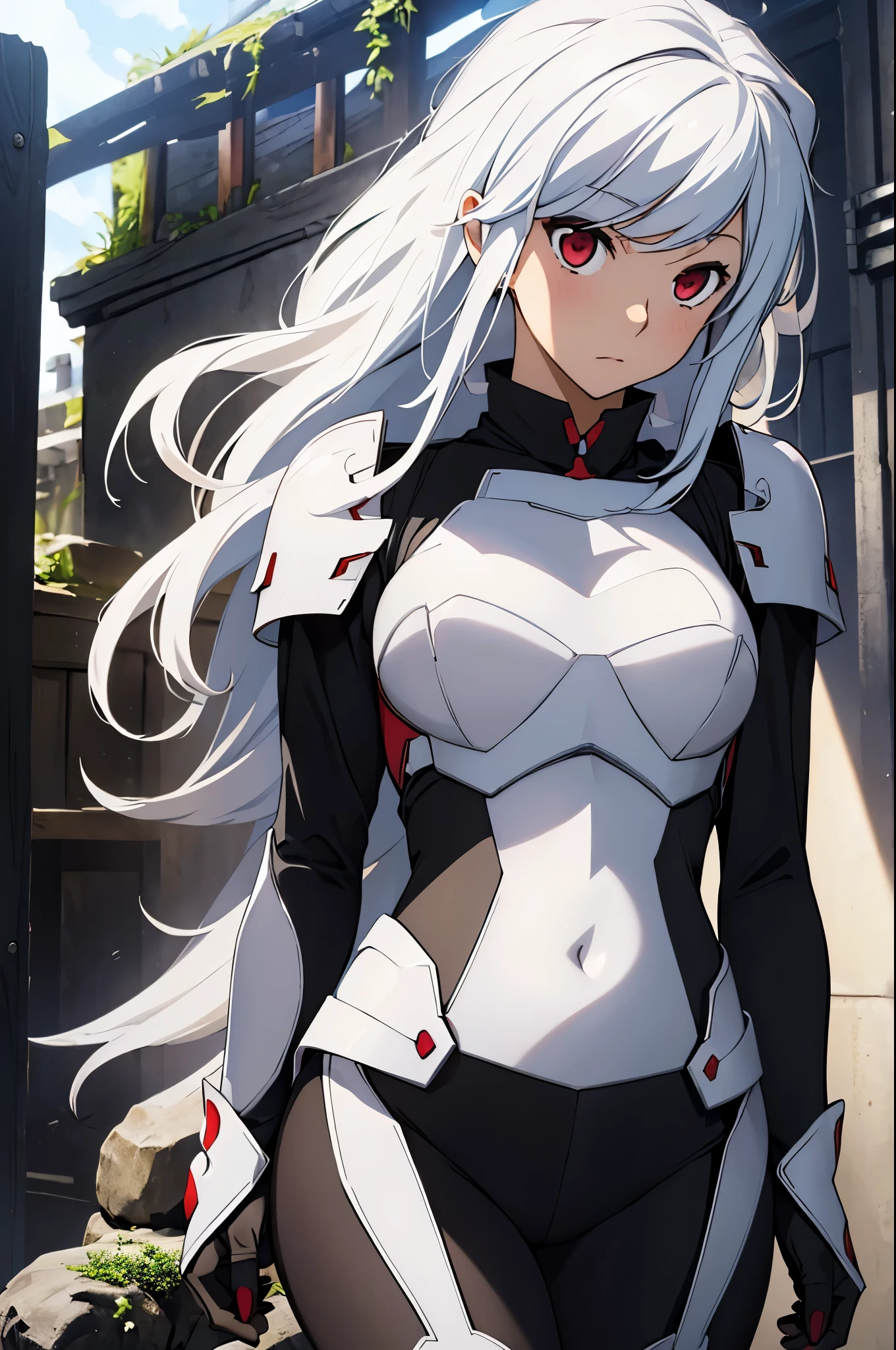 (masterpiece, best quality:1.2), expressive eyes, perfect face, highres, 1girl, solo, (female:1.5), bell cranel, long hair, white hair, red eyes,  black bodysuit, armor, blushing, standing, upper body, looking at the viewer