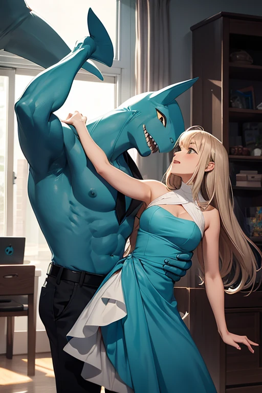 a tall shark man, dancing with a girl