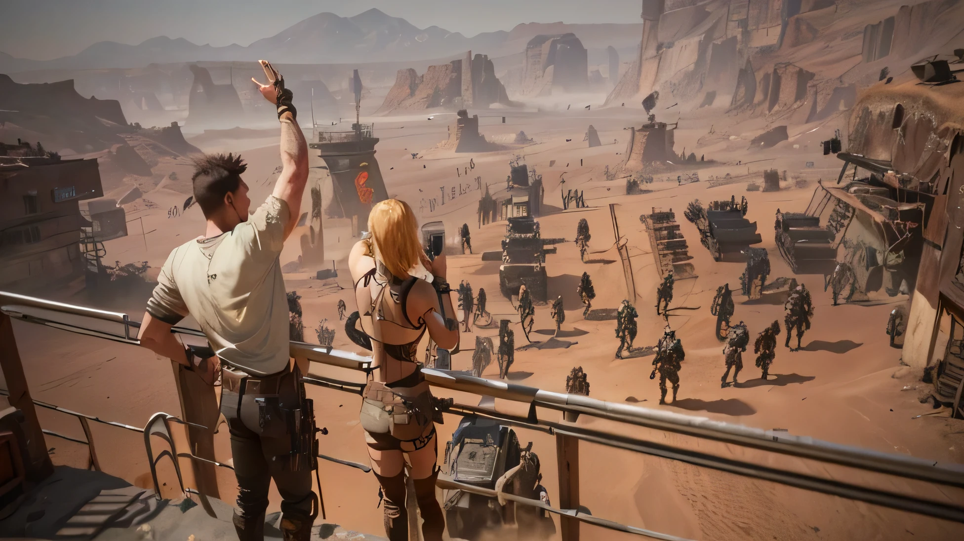 (best quality,highres:1.2),a large group of people standing on balconies,observing a crowd, (motion-packed,action-packed:1.1) scene from a movie, inspired by the Mad Max franchise, (gameplay screenshots,game screenshots)(from NCsoft:1.1),showcasing intense battles in a post-apocalyptic desert, (2020 video game screenshots).