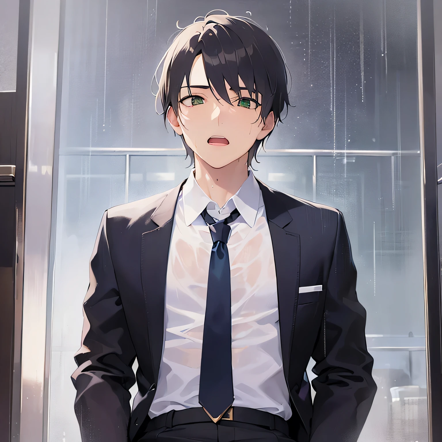 (wet overflow, wet on hair, wet on clothes), (Heavy rain:1.5), (looking away:1.5), masterpiece、highest quality、(25-year-old male:1.5) and (Brown short hair) and (Green Eyes), (Wearing a suit:1.3)、Wearing a white shirt、Wearing a blue tie、Are standing、confused、open mouth, The background is the office district outside.、(Alone:1.5)、Upper body is shown、