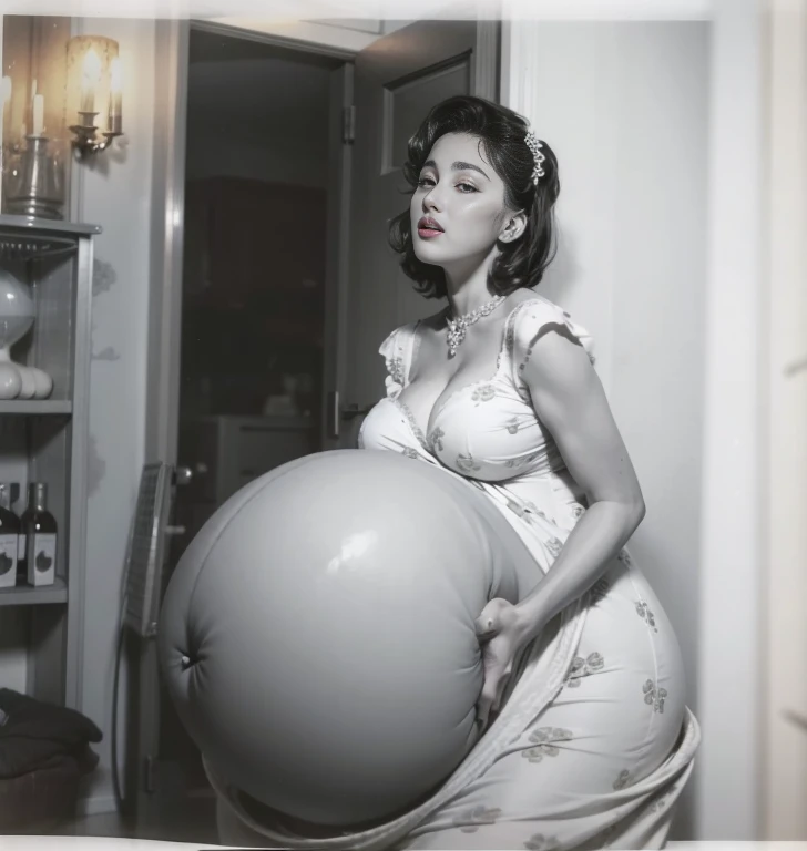 a pregnant woman in a dress poses for a picture, huge hips, huge cleavage, pregnant belly, bloated belly, vintage pinup, 50s style, bloated, seductive, sexy