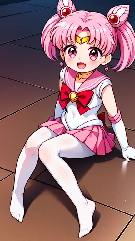 Sailor Moon，young年，Seven years old，cute，（Little Loli），Pink hair twintails，short hair，Sailor Suit，Red bow，White elbow gloves，Red Skirt，No shoes，Open your mouth，laughing out loud，Fangs，(White pantyhose),Sole，Soles，(young)，(little man)，sit