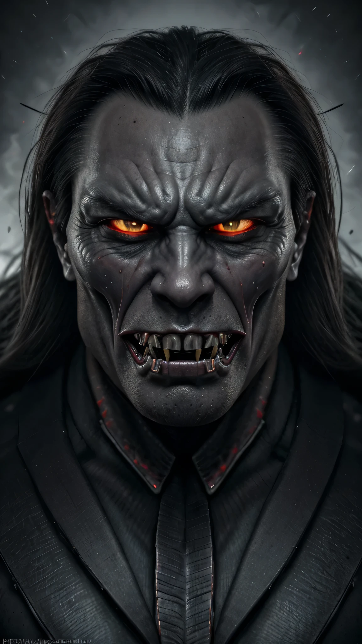 extremely realistic, richly colored 8k resolution photo of sir nightmare, in black suit, angry face, bright eyes, sharp big teeth, strong muscles, denoise, sophisticated illustration, meticulously detailed