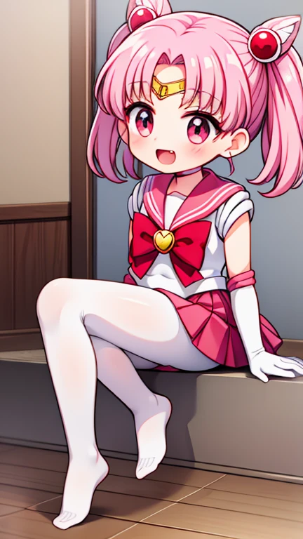 Sailor Moon，young年，，cute，（Little Loli），Pink hair twintails，short hair，Sailor Suit，Red bow，White elbow gloves，Red Skirt，No shoes，Open your mouth，laughing out loud，Fangs，(White pantyhose),Sole，Soles，(young)，(little man)，sit