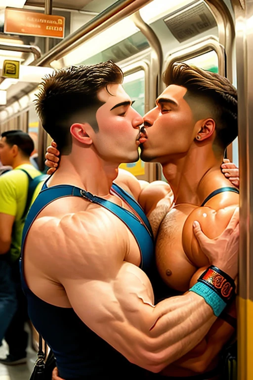 two muscular men kiss passionately in each other&#39;s arms on the New York subway.