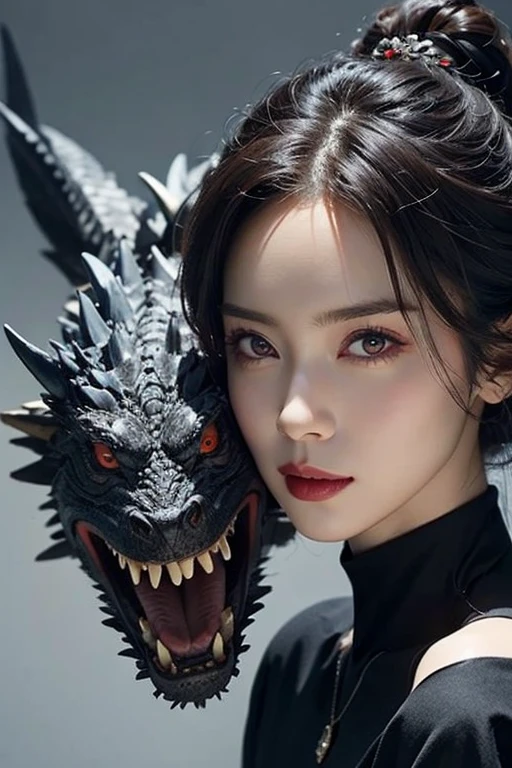 Beautiful woman with red eyes posing for elegant photo with black giant dragon, arpino,Gray Hair,Face to face, Ultra-realistic, Clear images,