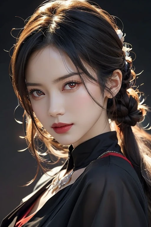 Beautiful woman with red eyes posing for elegant photo with black giant dragon, arpino,Gray Hair,Face to face, Ultra-realistic, Clear images,