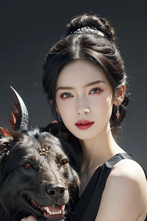 Beautiful woman with red eyes posing for elegant photo with black giant dragon, arpino,Gray Hair,Face to face, Ultra-realistic, Clear images