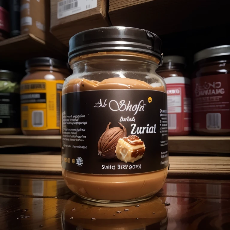 there is a jar of nut butter on a counter top, official product photo, product photo, commercial product photography, jar on a shelf, professional product photo, full product shot, jordu schell, sureal, high resolution product photo, professional product shot, close-up product photo, product label, detailed product shot, yan morala, miniature product photo