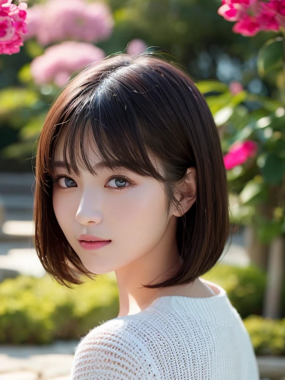 （Super detailed:1.5）、(Realistic:1.5)、One person is standing、 highest quality, shape, Very detailed, finely, High resolution, 8k wallpaper, Perfect dynamic composition, Small breasts, Natural color lip, Cute Smile, 20-year-old girl, Beautiful and elaborate face、Perfect and beautiful face, Beautiful and detailed, Big eyes, Brunette eyes、Beautiful and elaborate face, Perfect and beautiful double eyelids, Natural Bangs、Beautiful thin nose、Beautiful Skin、Maroon brown hair、Medium Bob Hair、Shortcuts、Natural Bangs、Blur the background, Beautiful Japanese Garden、Perfect and beautiful face, Feminine poses, Blur the background, Slim face and figure, Blur the background、Looking at the camera、Bright lighting、Professional Lighting、front lighting、 White oval neck ribbed sweater
