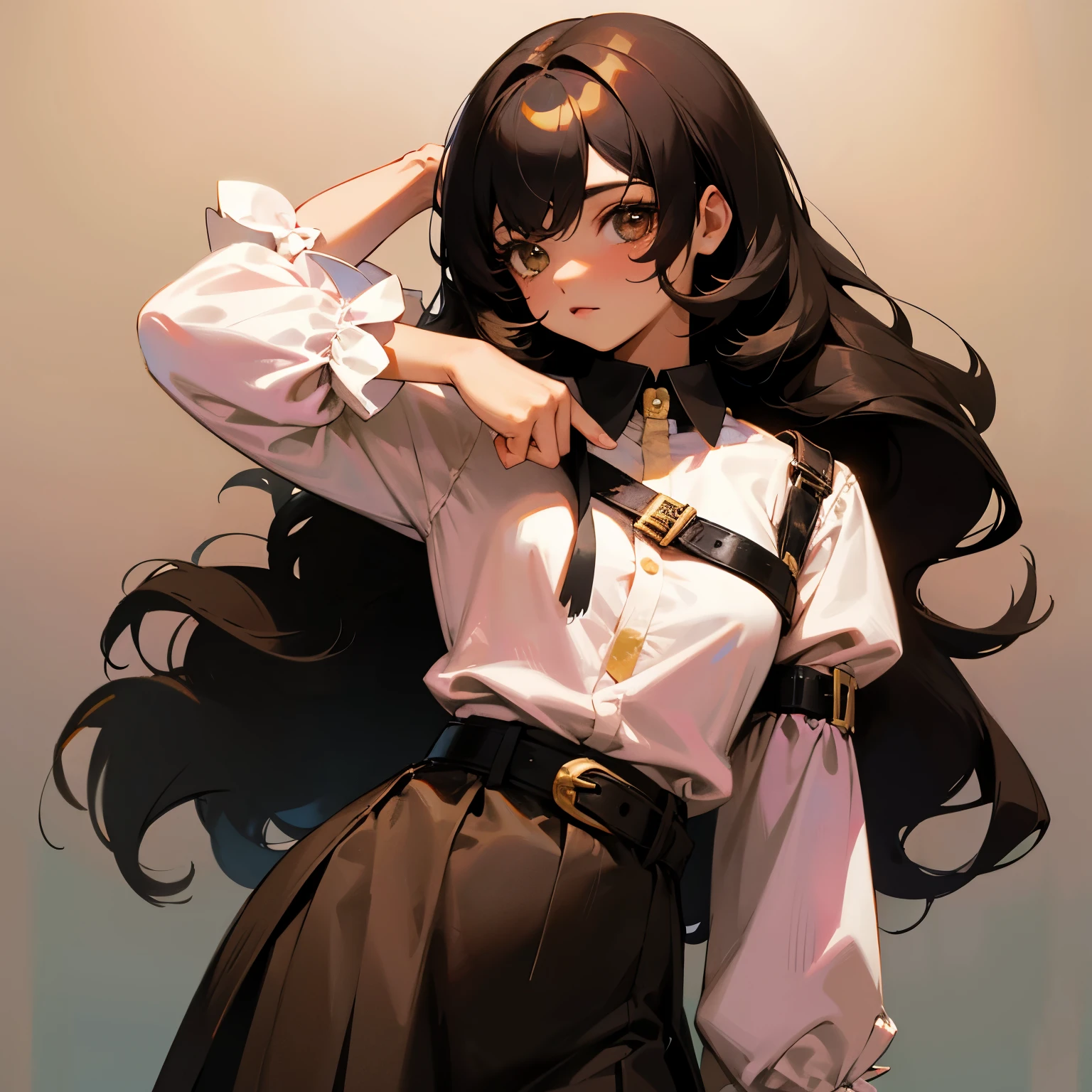 (masterpiece, best quality:1.2), cowboy shot, solo, looking at viewers, 1girl, girl, solo, chain, braid, hair over one eye, looking at viewer, evil smile, long hair, long sleeves, pants, braided ponytail, bangs, yellow eyes, black hair