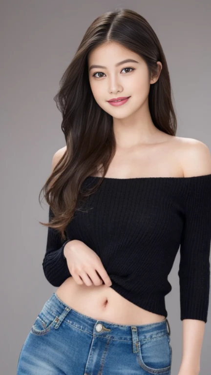 Middle Chest,Fine and beautiful eyes, (Long Hair:1.2), (8k, highest quality, masterpiece:1.2), (Realistic, Realistic:1.37), Very detailed, 1 girl, cute, alone, (blush), (smile: 1.15), (Mouth closed)Jeans Shorts、Black off-shoulder knit、Belly button、