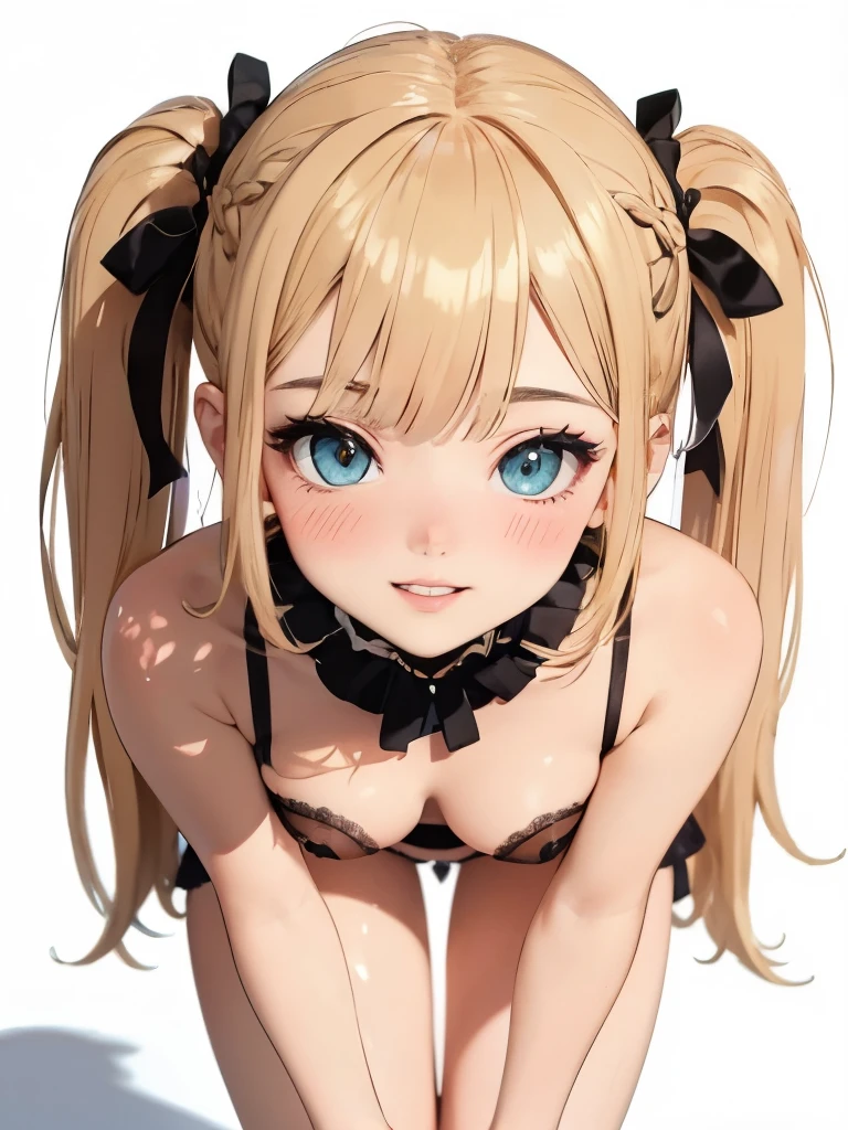 ((masterpiece)), ((best quality)), ((ultra-detailed)), (illustration), ((an extremely delicate and beautiful)), masterpiece, high quality, Draw a detailed face, blurred background, 4K, ultra-intricate pupil in eyes, shiny eyes, parted lips, kawaii, cute, , slender, (ultra delicate and beautiful skin), perfect anatomy, (masterpiece, best quality), (ultra-detailed 8K), (perfect design), highres, ((blush)), (super fine illustration), masterpiece, best quality, (amazing, blunt bangs), high resolution, cute face, masterpiece, best quality, extremely detailed, anime, beautiful girl, ((1girl)), long hair, ((nsfw)), ((full body)), ((blond hair)), ((twintails)), ((dress)), ((aquamarine eyes)), (elaborate crown), (skirt lift), (panty shot), smile