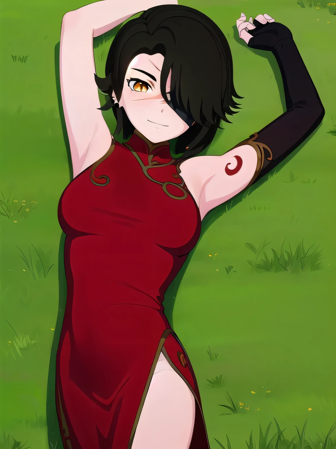 cinderfall, cinder fall, short hair, black hair, (yellow eyes:1.5),
BREAK gloves, dress, jewelry, earrings, black gloves, elbow gloves, hair over one eye, tattoo, scar, chinese clothes, red dress, china dress,
lying on back, arms up, spread arms, on grass, smile, BREAK looking at viewer, (cowboy shot:1.5)