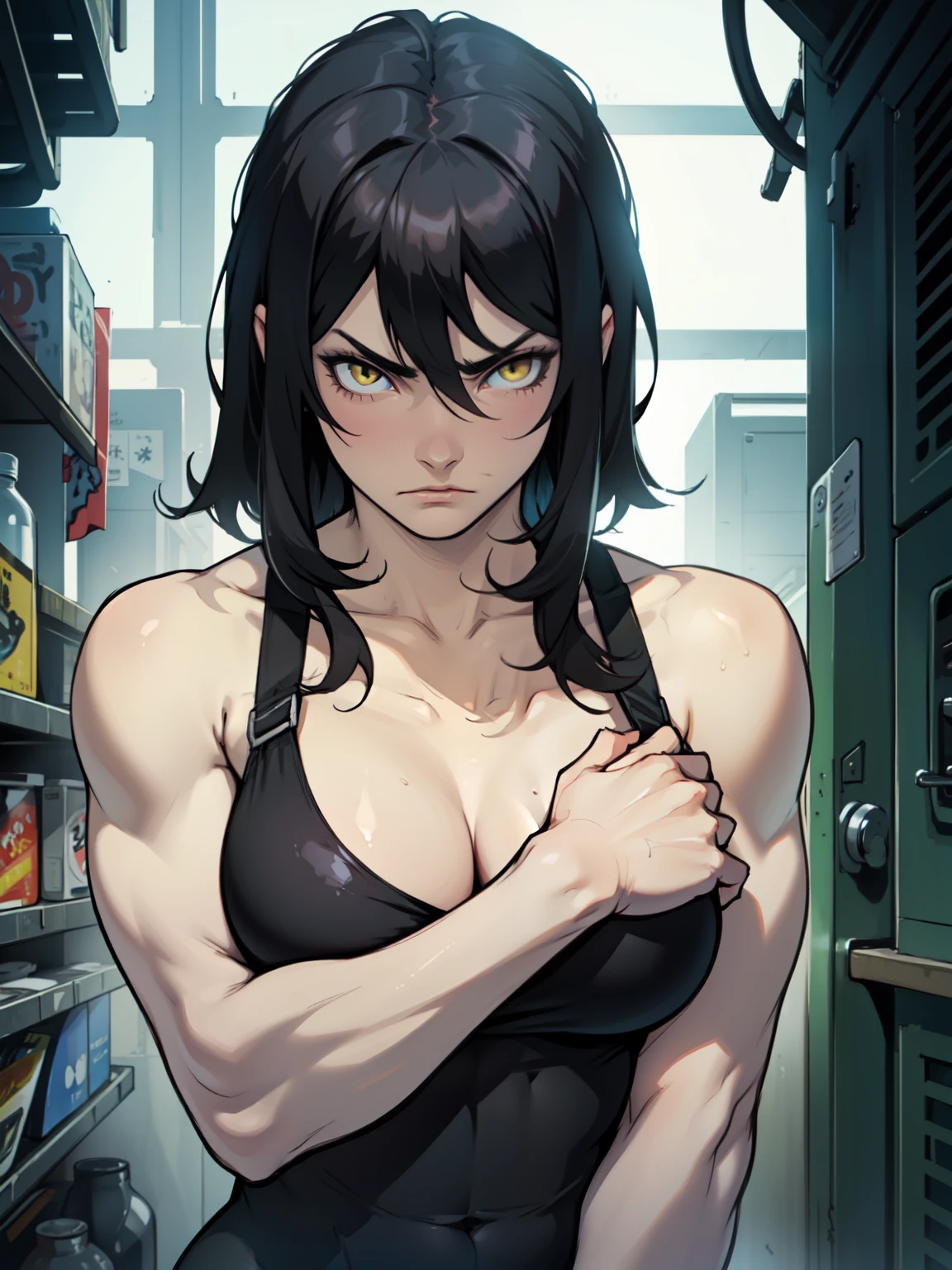 muscular girl thick breasts black hair yellow eyes pale skin best quality sad frown