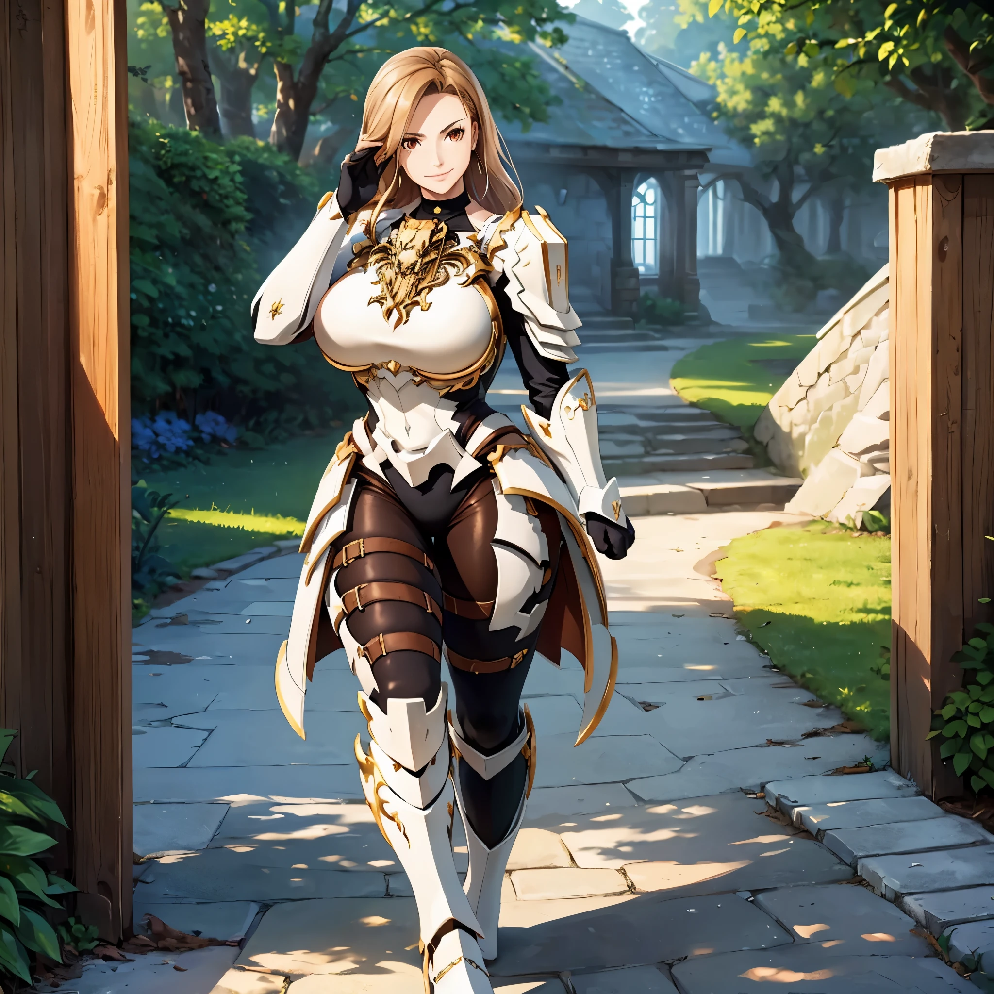 a woman wearing very heavy white armor with gold trim, wearing a dark brown hunting suit, squeezing, long beige hair, orange eyes, smiling, big breasts, in a fantasy forest, walking on a concrete walkway, holding a shield,HDR, masterpiece, well defined, ultra resolution, high quality, 8k HD. (just a woman, solo)
