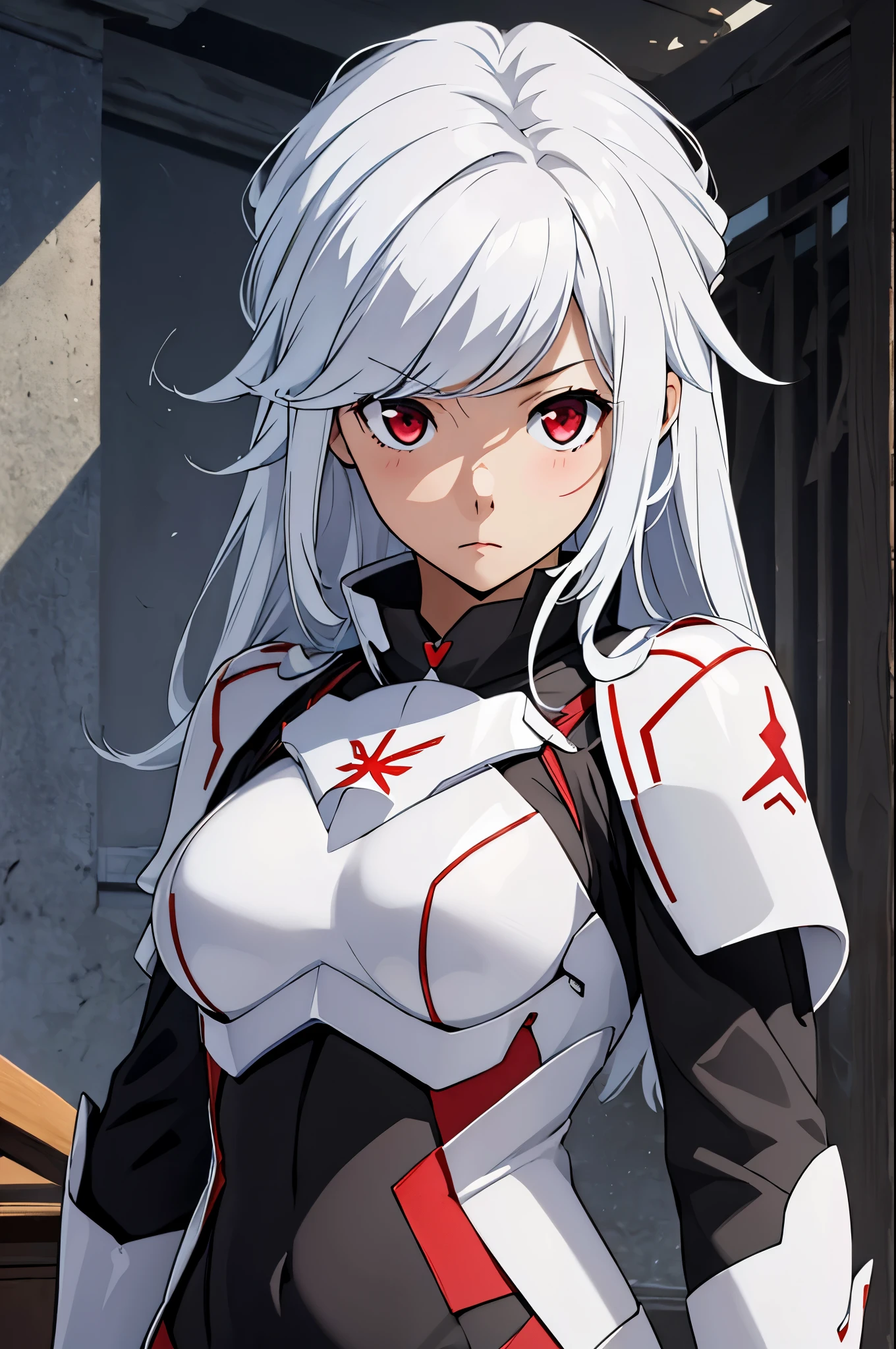 (masterpiece, best quality:1.2), expressive eyes, perfect face, highres, 1girl, solo, (female:1.5), bell cranel, long hair, white hair, red eyes,  black bodysuit, armor, blushing, standing, upper body, looking at the viewer