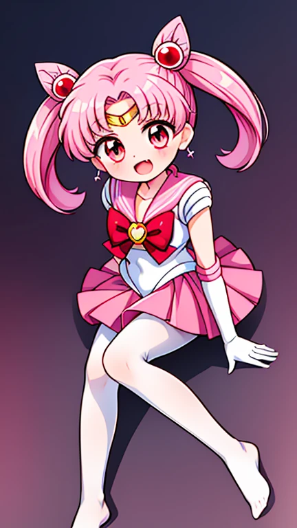 Sailor Moon,young年,Seven years old,cute,(Little Loli),Pink hair twintails,short hair,Sailor Suit,Red bow,White elbow gloves,Red Skirt,No shoes,Open your mouth,laughing out loud,Fangs,(White pantyhose),Sole,Soles,(young),(little man),sit