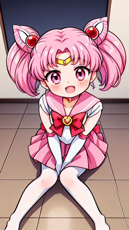 Sailor Moon，young年，Seven years old，cute，（Little ****），Pink hair twintails，short hair，Sailor Suit，Red bow，White elbow gloves，Red Skirt，No shoes，Open your mouth，laughing out loud，Fangs，(White pantyhose),Sole，Soles，(young)，(little man)，sit