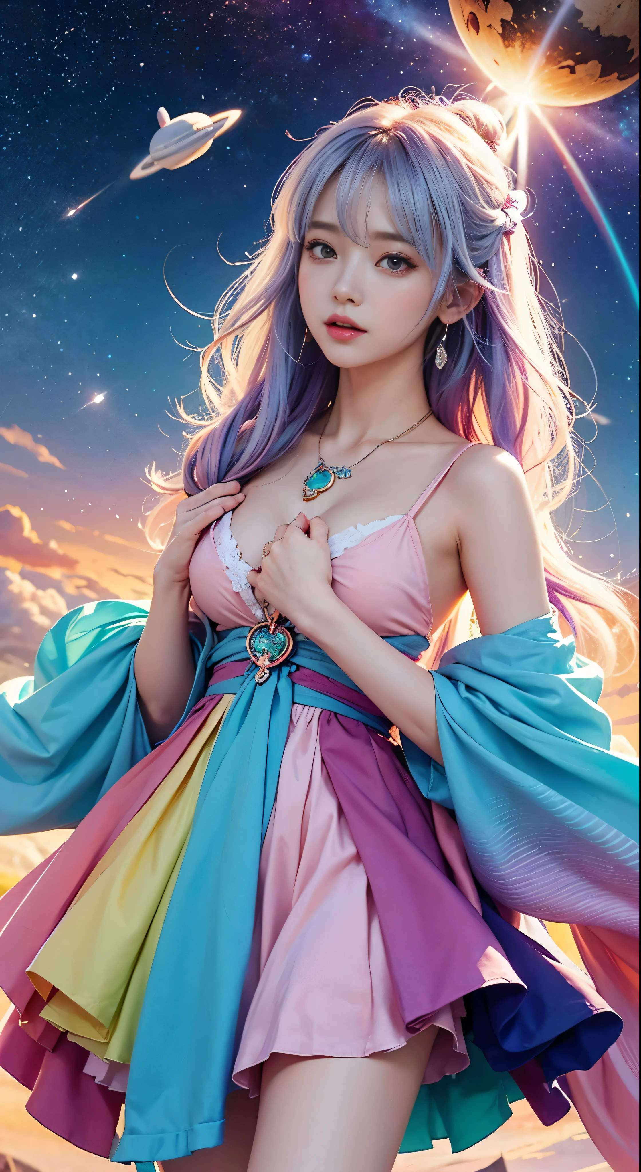 Close-up of a woman with colorful hair and necklace、Anime girl with space hair、The soft vitality of Rossdraws、Gouvez style artwork、Fantasy art style、colorful]、Vibrant fantasy style、Vibrant Rossdraws cartoons、Cosmic and colorful、Guweiz、Colorful digital fantasy art、Stunning art style、Beautiful anime style、White skin、Subtleties