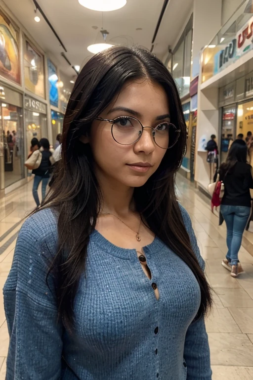 (Obra maestra, mejor calidad, high resolution: 1.2), 1 chica, Solo, cabello largo, lentes oscuros, cuerpo entero, sueter, jeans azules, cabello negro, rasgos latinos europeos, centro comercial larco mar en ciudad de lima, Peru
