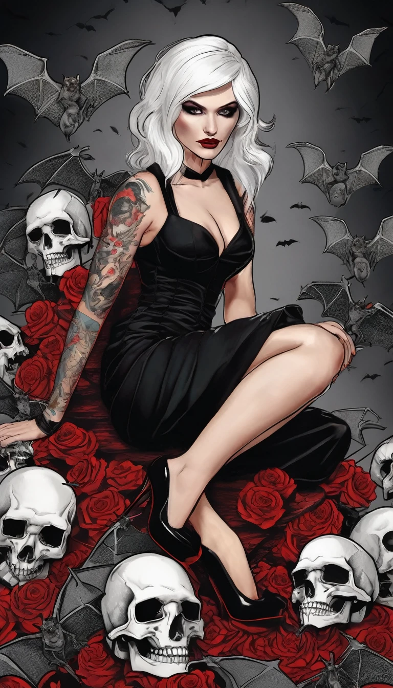 A beautiful woman with white hair and tattoos sits on a pile of skulls. She wears a black dress and high heels. Her eyes are red and there are bats around her.