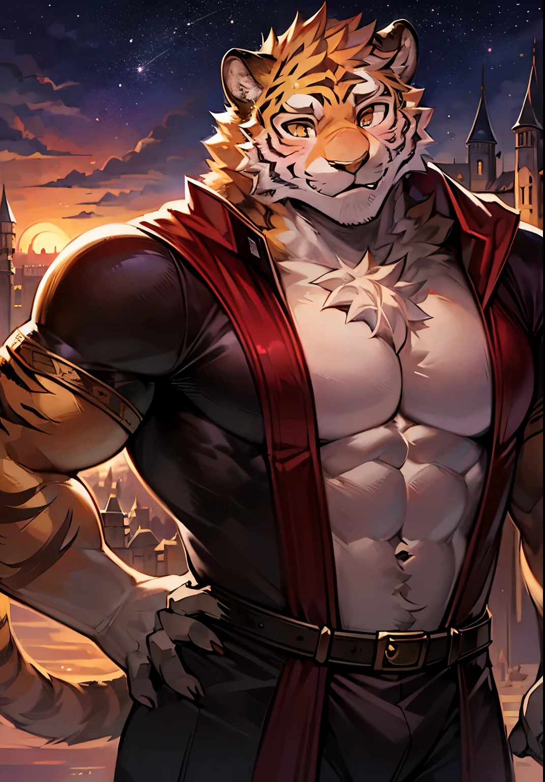 (Duo), two males, hugging, both muscular bodies, tiger knights, standing under the stars, fantasy background with castle in the distance, facing viewer, heads tilted to the side, beautiful sunset sky, wearing tunics, tiger furry characters