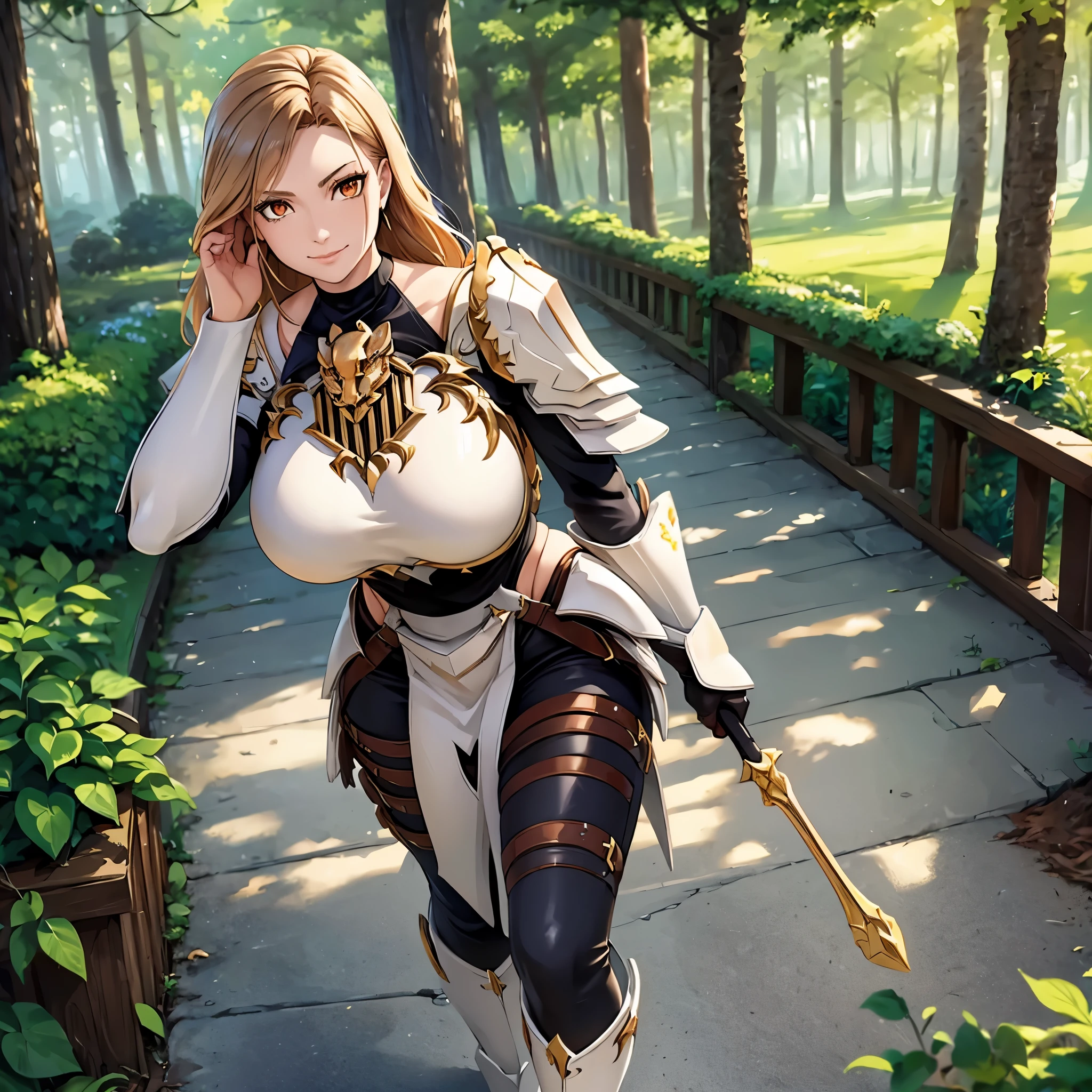 a woman wearing very heavy white armor with gold trim, wearing a dark brown hunting suit, squeezing, long beige hair, orange eyes, smiling, big breasts, in a fantasy forest, walking on a concrete walkway, holding a shield,HDR, masterpiece, well defined, ultra resolution, high quality, 8k HD. (just a woman, solo)
