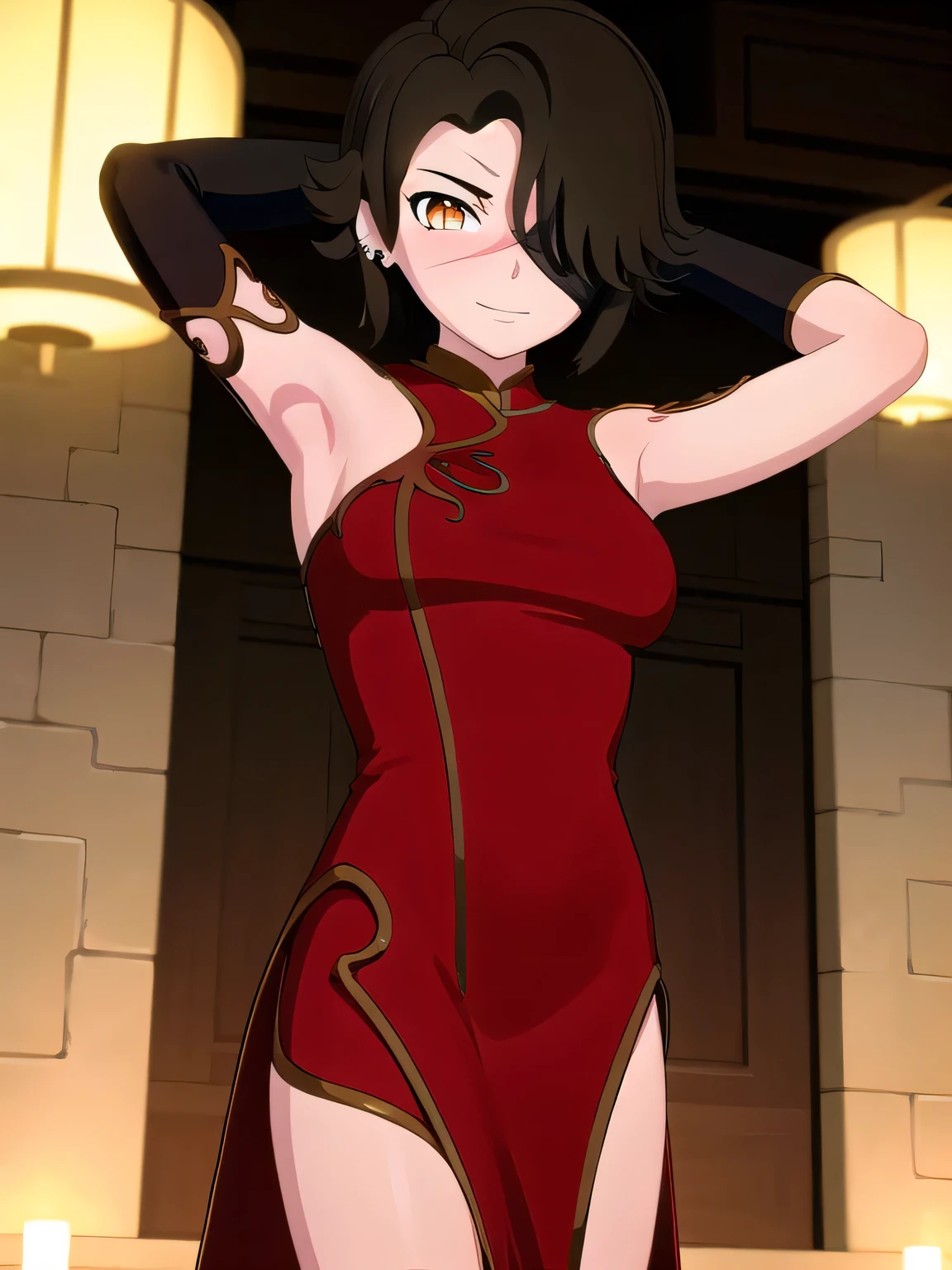 cinderfall, cinder fall, short hair, black hair, (yellow eyes:1.5),
BREAK gloves, dress, jewelry, earrings, black gloves, elbow gloves, hair over one eye, tattoo, scar, chinese clothes, red dress, china dress, solo,
contrapposto, spread armpit, arms behind head, smile, BREAK looking at viewer, (cowboy shot:1.5)