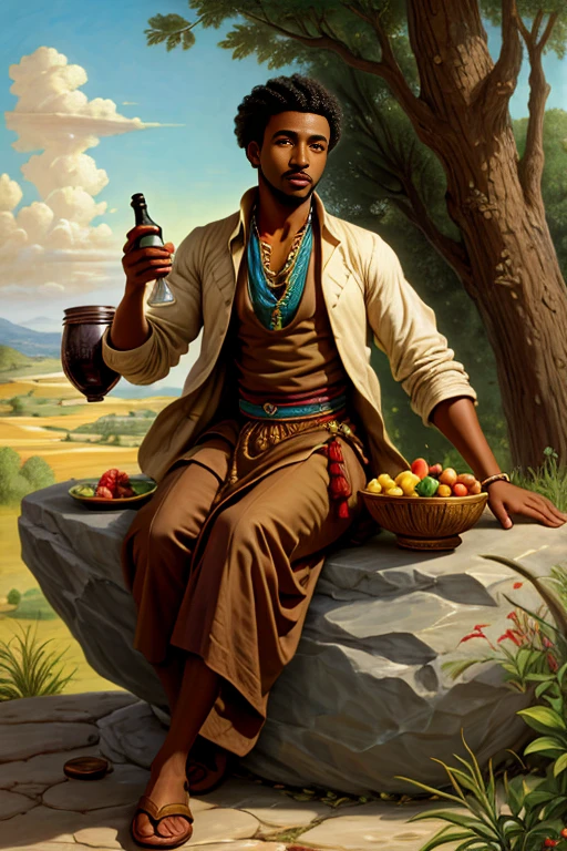 painting of an African man sitting on a rock with a bowl of fruits and a bottle of wine, african man, inspired by François Joseph Heim, by François Bocion, inspired by Carl Heinrich Bloch, by Friedrich Gauermann, inspired by François Bocion, by Johan Grenier, by Frédéric Bazille, orientalist