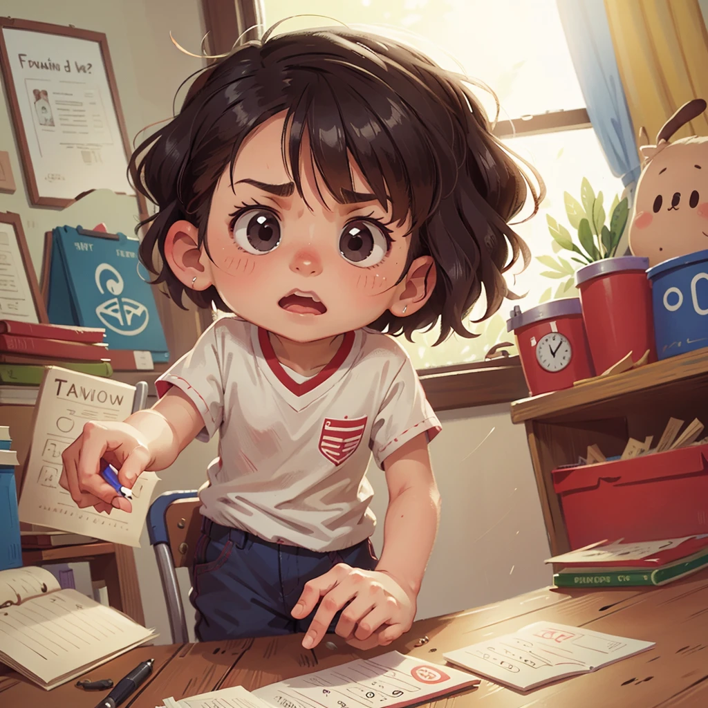 Frustrated facial expression, six year old boy, cute boy, standing, study room