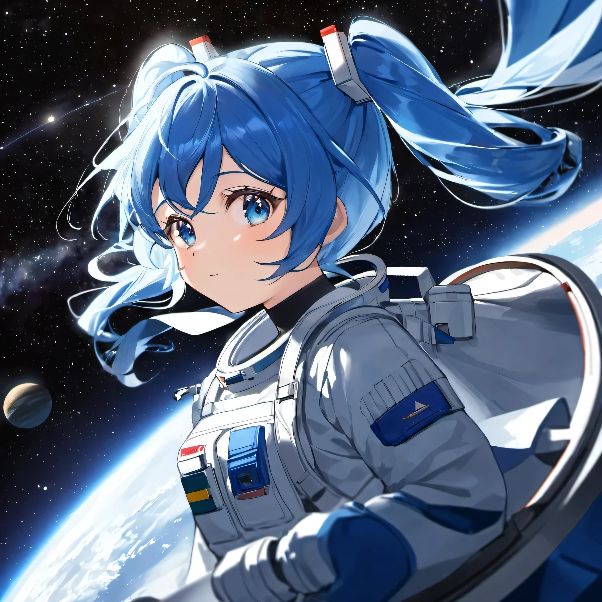 Please generate an image depicting a girl with blue hair in twin tails floating in space