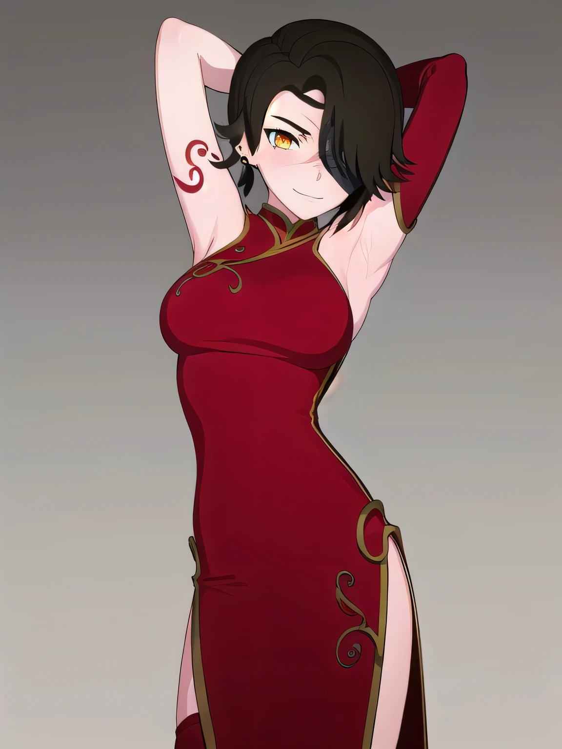 cinderfall, cinder fall, short hair, black hair, (yellow eyes:1.5),
BREAK gloves, dress, jewelry, earrings, black gloves, elbow gloves, hair over one eye, tattoo, scar, chinese clothes, red dress, china dress,
contrapposto, spread armpit, arms behind head, smile, BREAK looking at viewer, (cowboy shot:1.5)