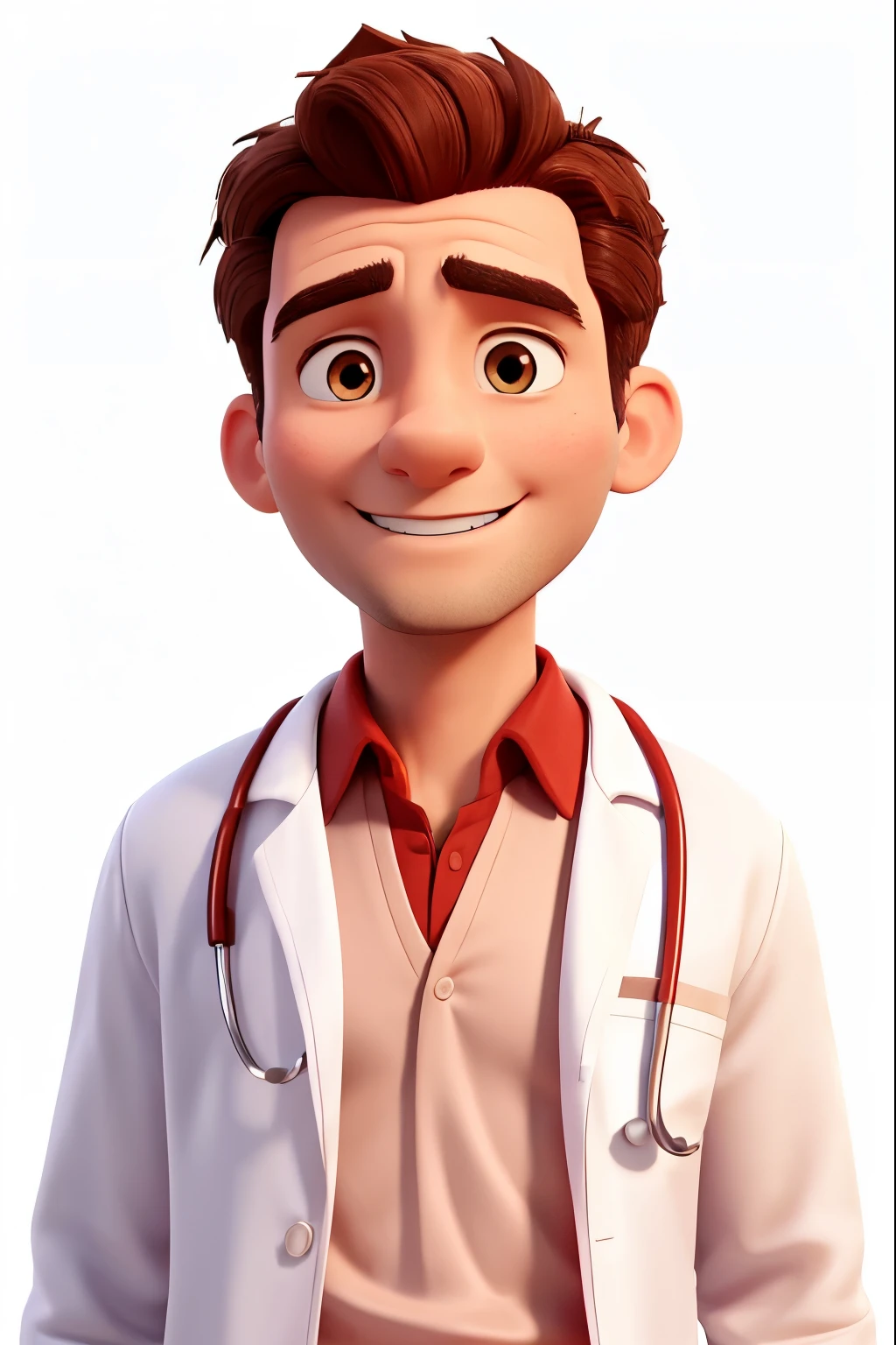 portrait photo of a doctor, male, 40, well lit, bright white background, red shirt, white coat, brown hair, medium shot, front on, looking at camera, smiling, professional, old, wise