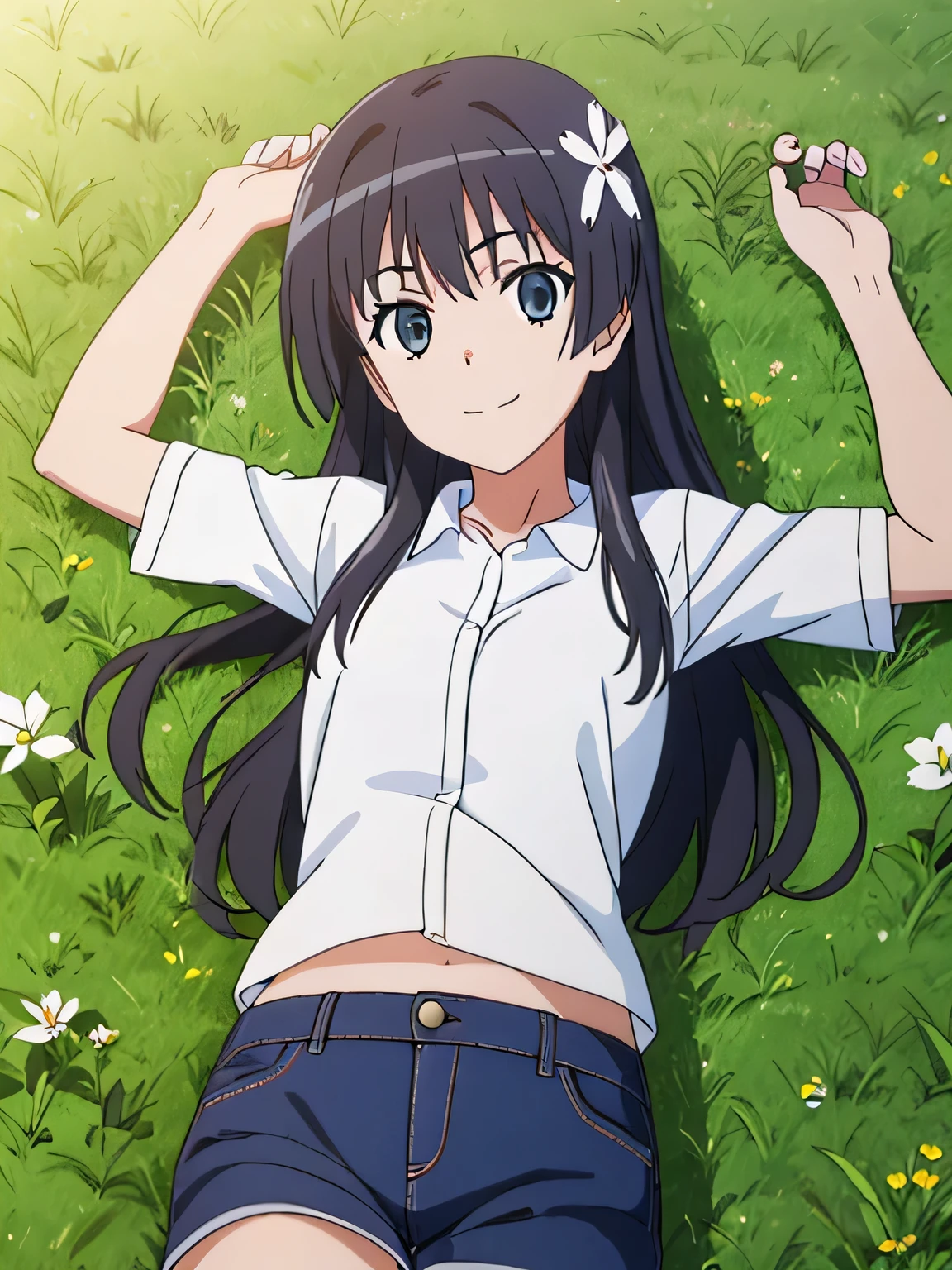 (((pixel-perfect, detail-perfect))), solo, 1girl, saten ruiko, sakugawa , solo, (cowboy shot:1.5), lying on back, arms up, spread arms, on grass, smile, (cowboy shot:1.5) closed mouth, looking at viewer,