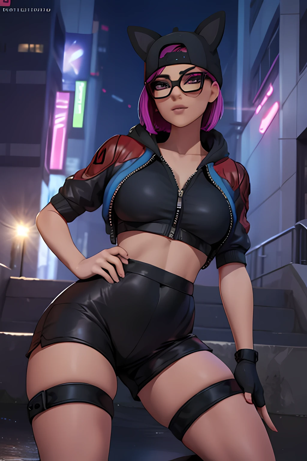 lince, gafas, gorra , chaqueta , Azul y Negro shorts con leggins, guantes sin dedos, Session, Noche lluvias , Extremadamente detallado, rostro detallado ,hermoso rostro, ojos finos, mirando al espectador, pose femenino.