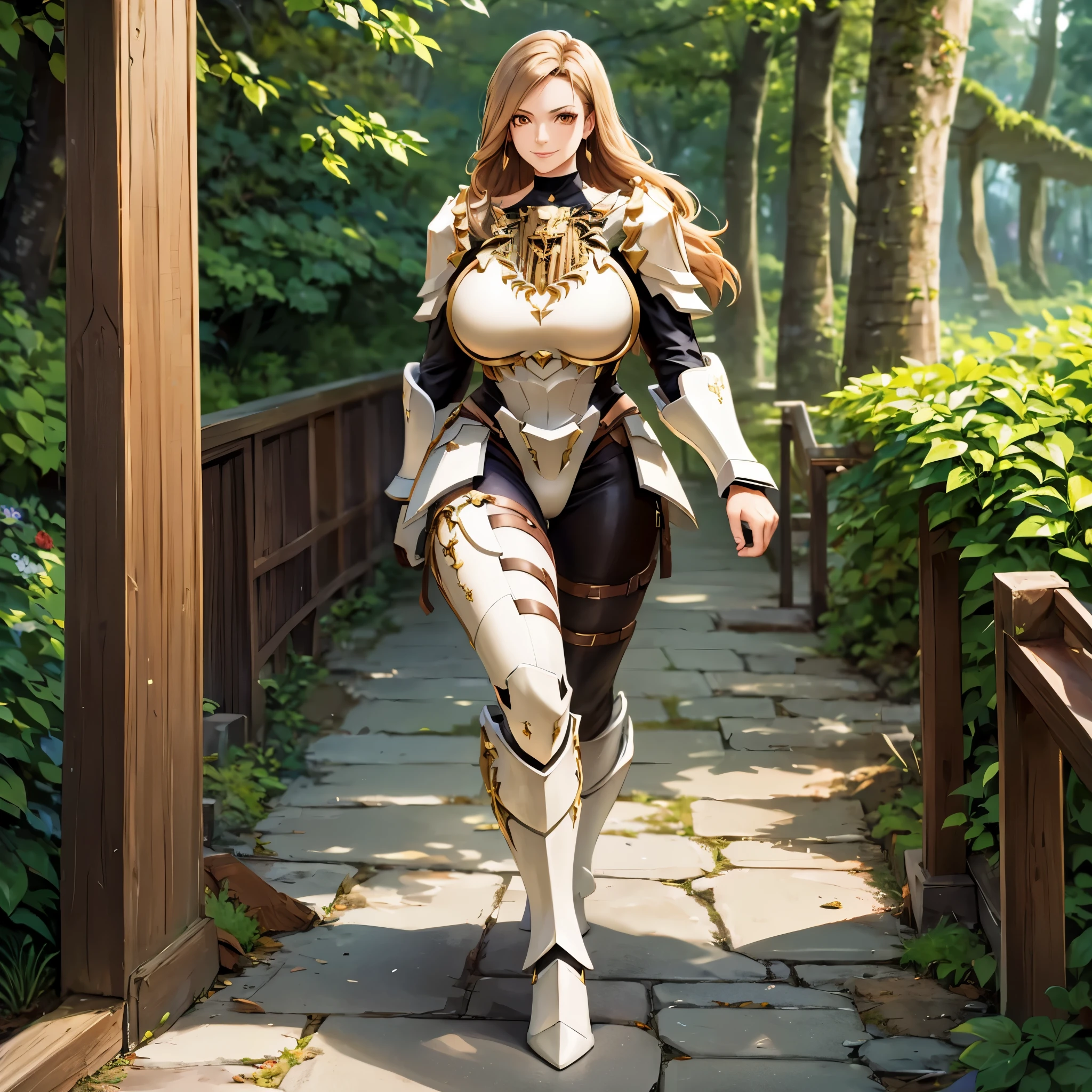 a woman wearing very heavy white armor with gold trim, wearing a dark brown hunting suit, squeezing, long beige hair, orange eyes, smiling, big breasts, in a fantasy forest, walking on a concrete walkway, holding a shield,HDR, masterpiece, well defined, ultra resolution, high quality, 8k HD. (just a woman, solo)
