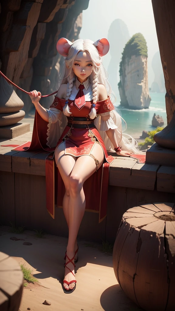 Red Cliff, mouse, Lovely,Thailand , , masterpiece, 3D display, best quality, Lots of details, Long white hair ,Go to the left,Tie the foot rail rope.