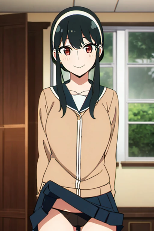 (masterpiece, highest quality: 1.2), alone, 1 girl, alone, panties,,black,Sailor suit,blazer,your heather, smile, Mouth closed, View audience, Long black hair, head band, Earrings, Big Breasts, Medium Waist, Medium Hips, wide thighs, Embarrassing, charm, smiling with her Mouth closed, Good move..., Excellent anatomy,panties,classroom,,Sailor suit,blazer,skirt, (((skirtめくり, I can see your pants))),
