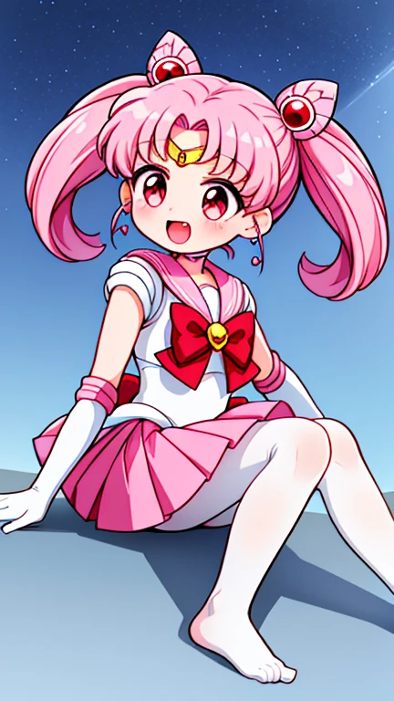 Sailor Moon,young年,Seven years old,cute,(Little Loli),Pink hair twintails,short hair,Sailor Suit,Red bow,White elbow gloves,Red Skirt,No shoes,Open your mouth,laughing out loud,Fangs,(White pantyhose),Sole,Soles,(young),(little man),sit