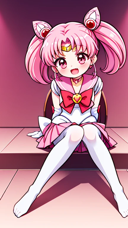 Sailor Moon,young年,Seven years old,cute,(Little Loli),Pink hair twintails,short hair,Sailor Suit,Red bow,White elbow gloves,Red Skirt,No shoes,Open your mouth,laughing out loud,Fangs,(White pantyhose),Sole,Soles,(young),(little man),sit