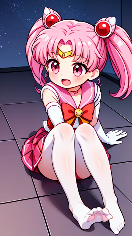 Sailor Moon,young年,Seven years old,cute,(Little ),Pink hair twintails,short hair,Sailor Suit,Red bow,White elbow gloves,Red Skirt,No shoes,Open your mouth,laughing out loud,Fangs,(White pantyhose),Sole,Soles,(young),(little man),sit