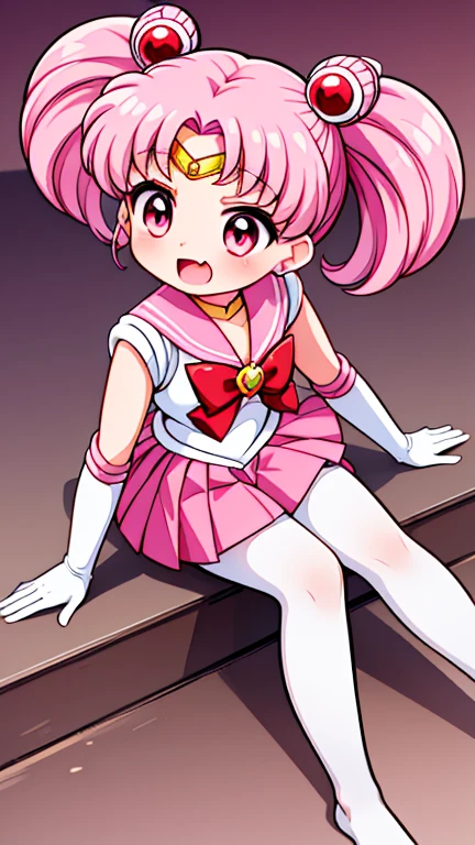 Sailor Moon，young年，Seven years old，cute，（Little Loli），Pink hair twintails，short hair，Sailor Suit，Red bow，White elbow gloves，Red Skirt，No shoes，Open your mouth，laughing out loud，Fangs，(White pantyhose),Sole，Soles，(young)，(little man)，sit