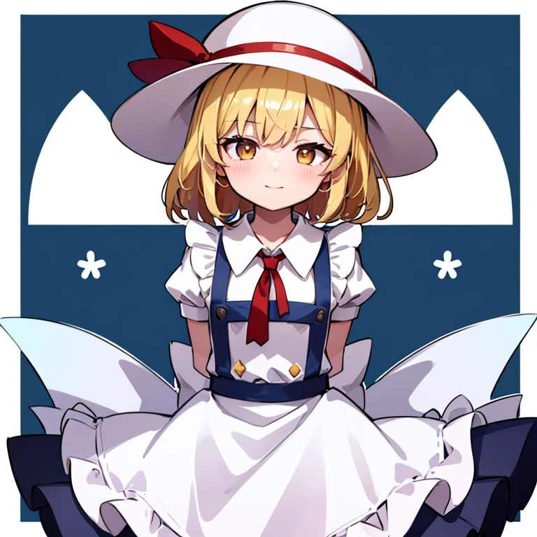 masterpiece, best quality, 1 girl, , , 12 years old, white hat, red ribbon, middle blonde hair, golden eyes, short puffy sleeves, white clothes, white apron, red ribbon tie, blue skirt, blue ruffles, collarbone, gentle smile, Kana Anaberal, Poltergeist, pinafore, from behind, to lift up one’s skirt, cowboy shot, from front, standing , raise one leg, crossed arms, arms up behind, arms behind back, hand between legs, put hands hip, one hand on hip, forward hands, arms raised in the air, punch hands, peace_sign, waving, put up index finger, sit, lie down, closed eyes, lie face down, looking back, put one hand chest, leaning forward,cleavage,close up, horizontally outstretched arms, horizontally outstretched legs, front view, front face