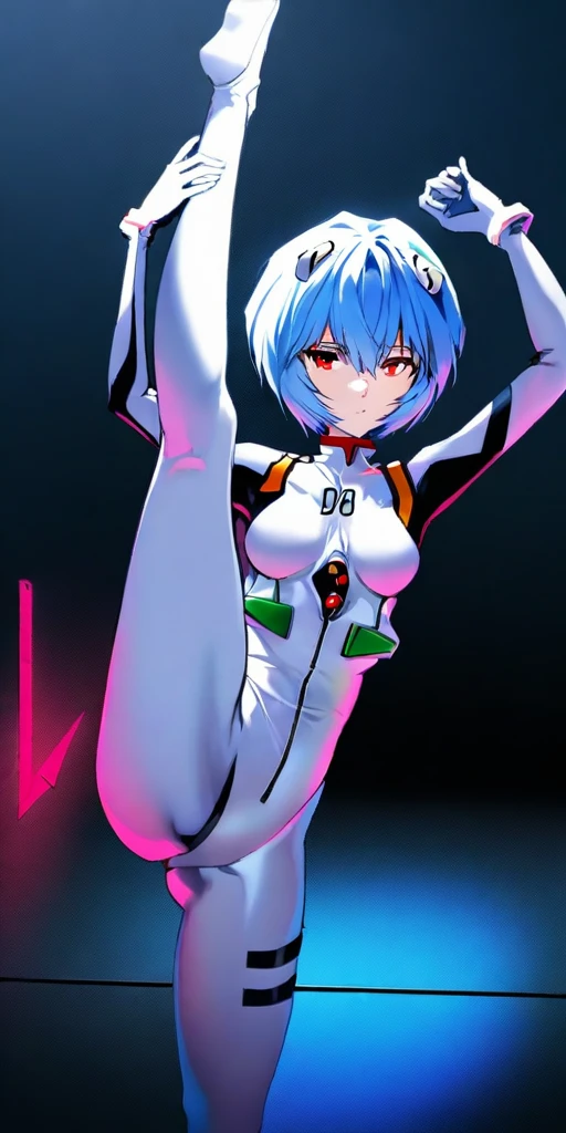 (best quality:1.2),1girl,solo,standing_split,Ayanami Rei,white bodysuit,red eyes,pilot suit,short hair,blue hair,bangs,interface headset,turtleneck,hair between eyes,pixelated background,neon lights,sci-fi color scheme,vivid colors,metallic texture,detailed shading,holographic interface,dark atmosphere,high contrast,sharp focus,wisps of hair,reflective surface,exquisite details,high-res,studio lighting,red accents,illuminated surroundings,artificial intelligence assistant