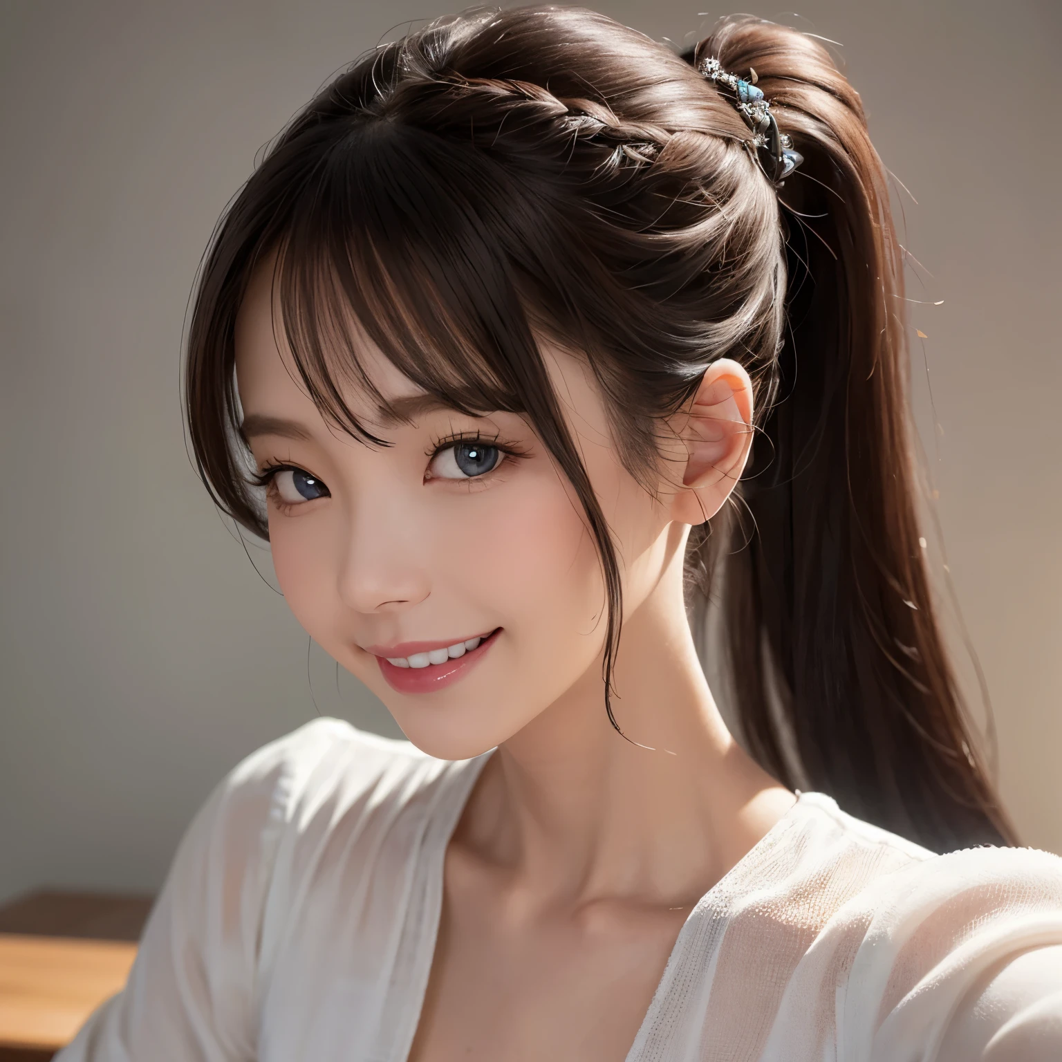 highest quality, Realistic, 8K, High resolution, 1 Girl, woman, (Skin dents), (Portraiture:0.6), nice, ((White Background, Completely naked, Small breasts:1.65)), (Brown hair in twin tails, Parted bangs:1.4), Watching the audience, (1 Girl eyes Watching the audience:1.6), Realistic, (Bokeh), (Closed Mouth, smile:1.3), nice, Purelos Face_V1:1,