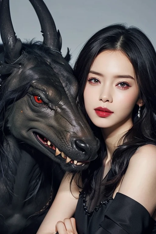 Beautiful woman with red eyes posing for elegant photo with black giant dragon, arpino,Gray Hair,Face to face, Ultra-realistic, Clear images,