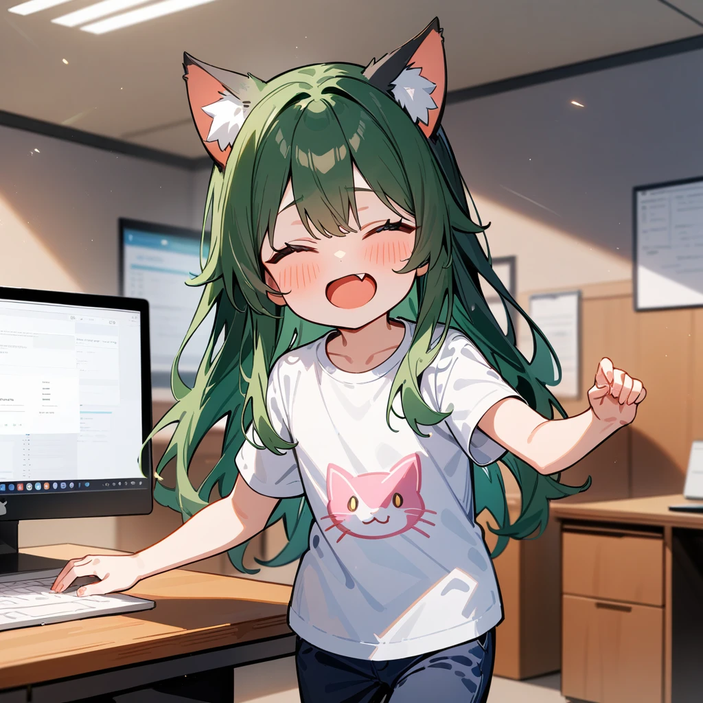 （masterpiece：1.2，high quality），8K，High resolution，A seven-year-old girl，cute girl，Dark green hair，long hair，heterochromias ，cat ears，open mouth，laughing，fang out，Wearing a T-shirt，casual pants，Stand in the office，primary school student，whole body