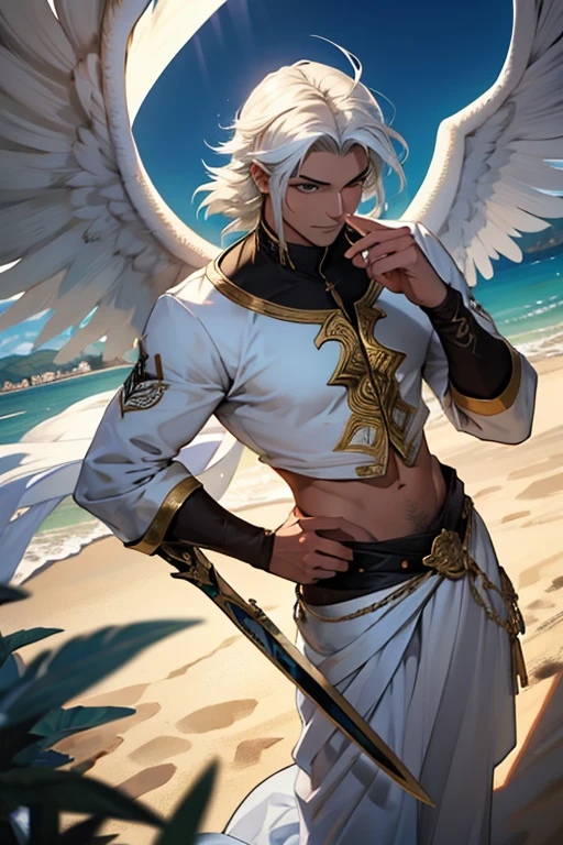 Caius is a handsome male, stands at 7ft tall. He has an athletic body structure. He wears royal attire thats silver and gold. He has beautiful long white silky hair and a golden eye color. He is seen with a staff. He has huge white wings. A big bulge in his pants. White Phoenix human form. His hair is braided back. Portrait. Bara. Roman nose. Muscular. Defined jawline