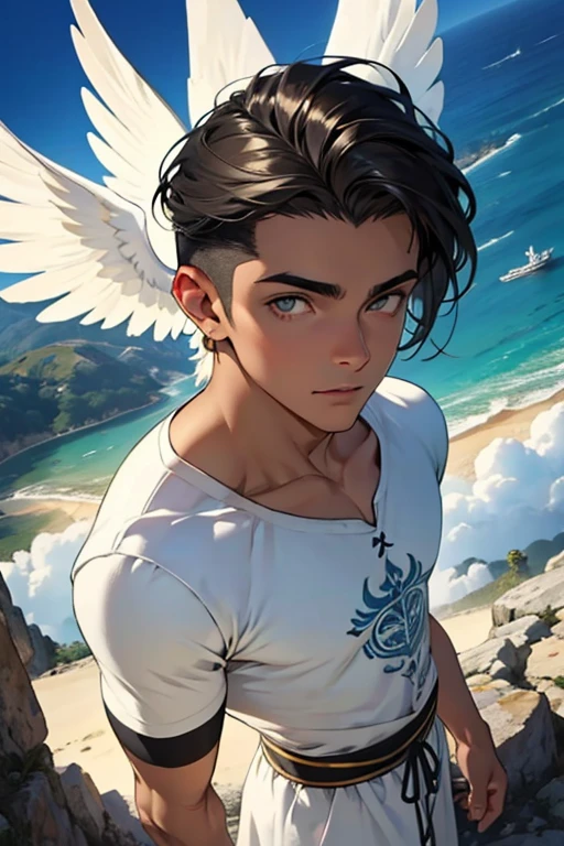 (melhor qualidade, obra-prima1.2), (olho detalhado: 1.2), detalhe complexo, profundidade de campo, 1garoto, homem, homens, anjo, garoto, cidade, anjo, guerreiro, armaduras, peitoral, espada, giant espada, descending from the heavens, luz, Pele branca, anjo, anjo guerreiro, bonito, olhos e cabelos pretos, cabelo preto